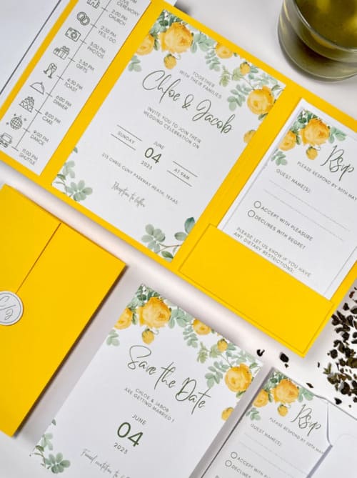thème mariage jaune papeterie